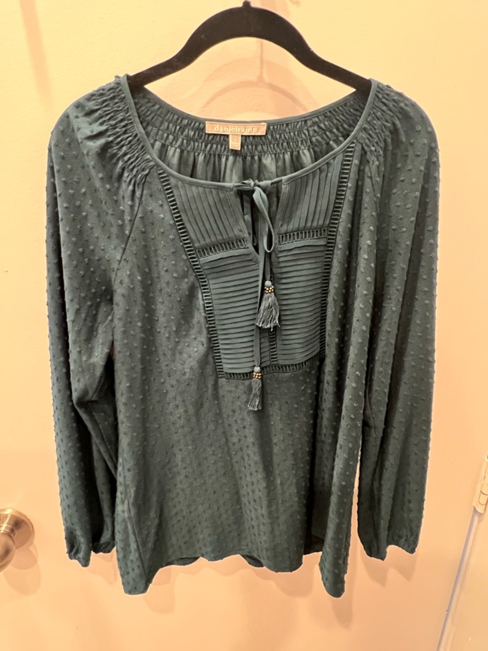 Daniel Rainn Teal Textured Peasant Blouse with Tassel Details